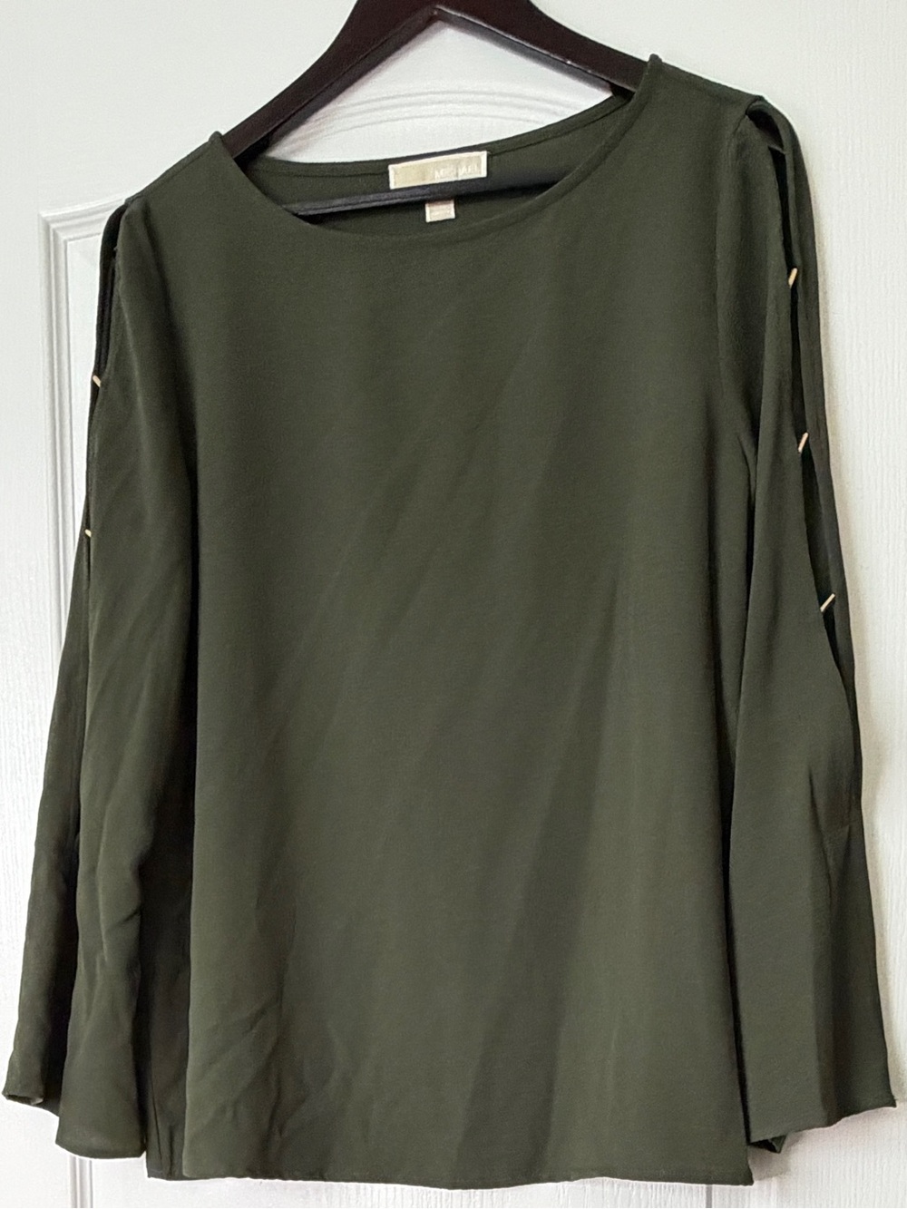 MICHAEL Michael Kors Olive Green Split Sleeve Blouse Gold Bar Hardware Size L